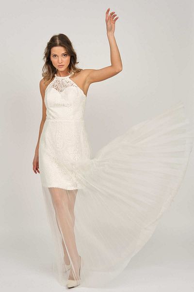 DORİDORCA Women's Halter Neck Evening Dress 5928098 Bone