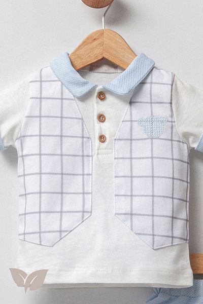 Cassiope Baby Boy Three Teddy 2-Piece Set Plaid Pocket Detailed Polo Collar T-shirt and Shorts 3 Months-6 Months-9 Months