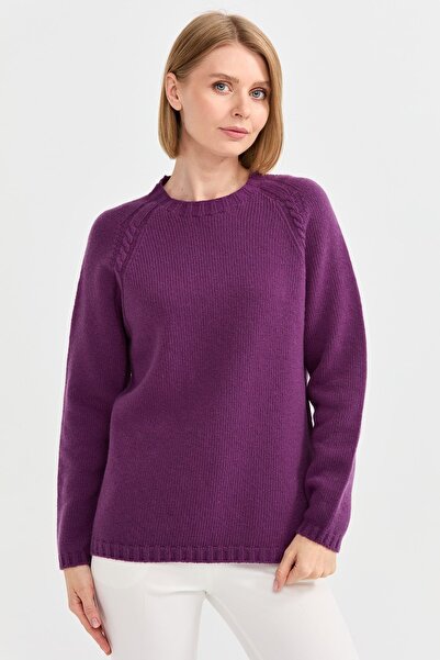 Desen Triko Women's Crew Neck Shoulder Braided Wool Sweater 22096 Purple