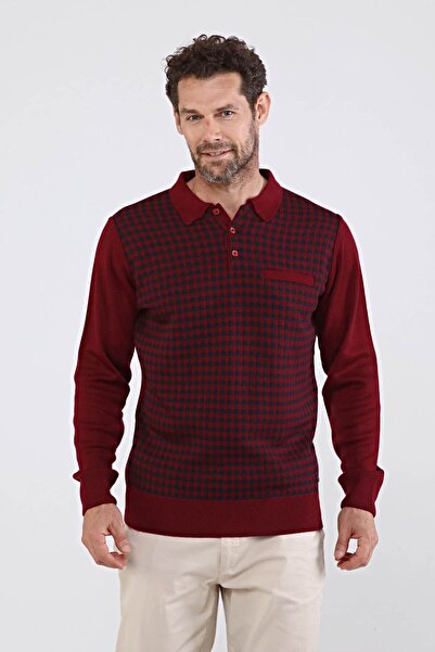 Çizgi Triko Claret Red Men's Polo Collar Knitwear Sweater - 4605f Steel Knit