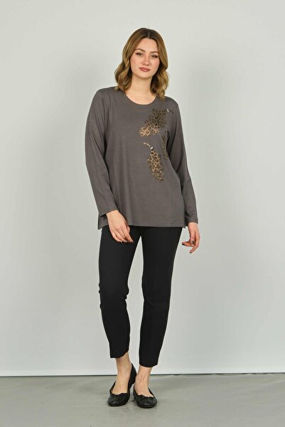 Detay Triko Γυναικεία μπλούζα με μακρυμάνικο μοτίβο με λαιμόκοψη 4524 γκρι