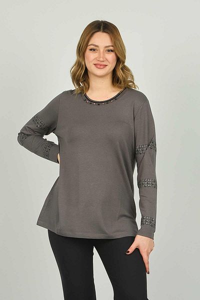 Detay Triko Women's Crew Neck Long Sleeve Blouse with Embroidered Sleeves and Collar 4539 Gray