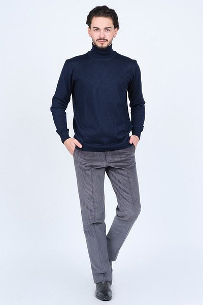 Woolen World Мъжки вълнен пуловер с шарки и пълна яка, плетен 5596984, тъмносин