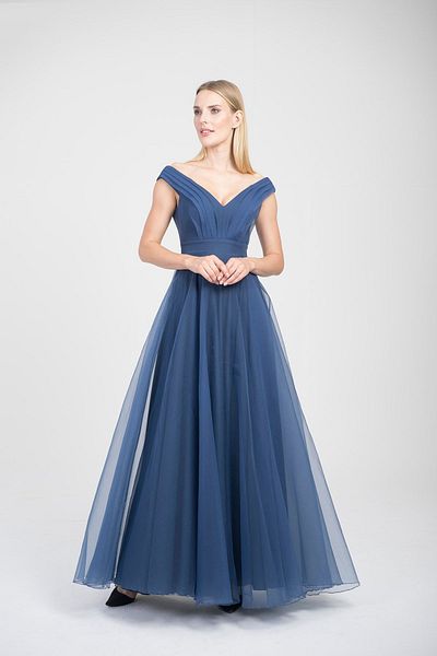 DORİDORCA Women's V-Neck Evening Dress 5923038 Indigo