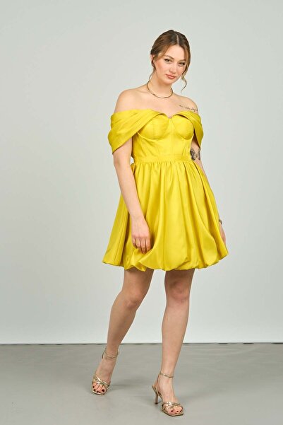 Saygın Women's Off Shoulder Balloon Skirt Evening Dress 3491 Pistachio Green