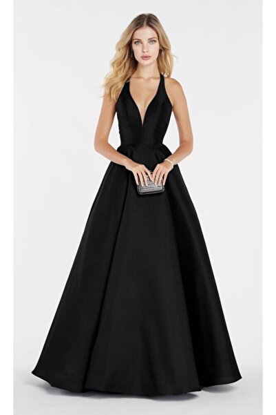 BERFUĞ KIRAN SİYAH SIRT ÖZELLİKLİ GENİŞ ETEKLİ TAFTA UZUN ABİYE