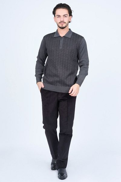 Ateş Triko Men's Polo Neck Patterned Wool Sweater 6092073 Dark Gray