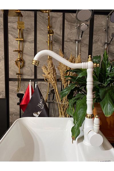 İSAOĞLU YAPI Gold White Zen Design Kitchen Faucet Rustic Sink Faucet