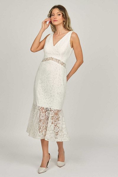 DORİDORCA Women's Lace Detailed Midi Length Evening Dress 5921033 Bone