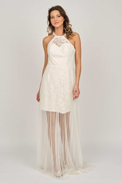 DORİDORCA Women's Halter Neck Evening Dress 5928098 Bone