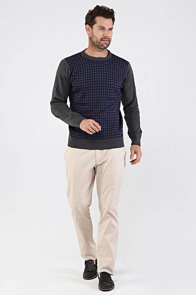 Çizgi Triko Men's Plus Size Crew Neck Steel Knit Knitwear Sweater 4605cb Gray