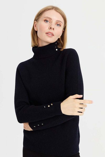 Desen Triko Women's Full Turtleneck Buttoned Sleeve Wool Sweater 23159 Dark Navy Blue