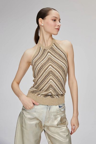 JOIN US Γυναικείο μπλουζάκι με γιακά Halter 0040 Μπεζ