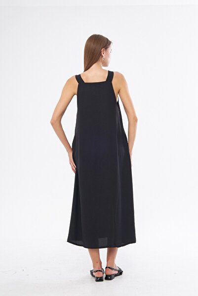 The Champ Clothing Square Neck Black Woven Dress with Draped Shoulders and Draped Pockets