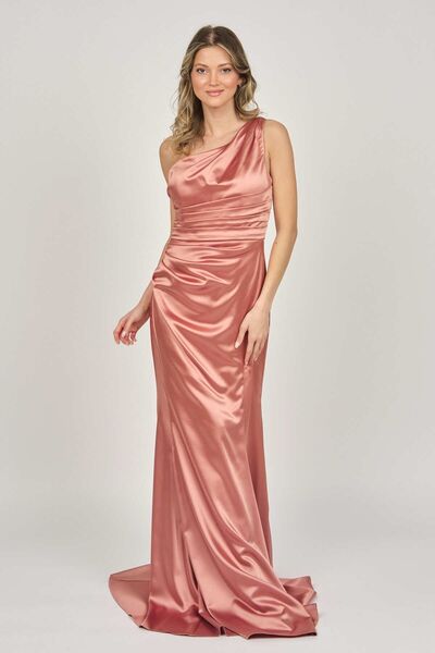 renk abiye Color Women's One Shoulder Satin Evening Dress 5044958 Peach