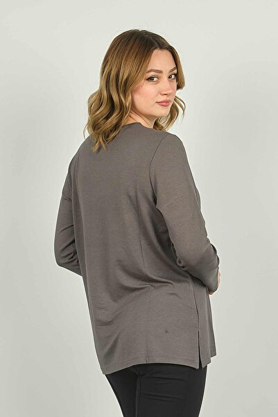 Detay Triko Γυναικεία μπλούζα με μακρυμάνικο μοτίβο με λαιμόκοψη 4524 γκρι