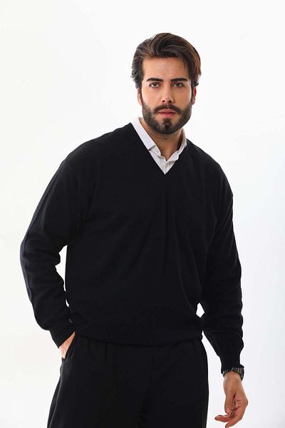 San&Fa Pulover din lână pură cu decolteu în V Sanfa pentru bărbați 4103 negru