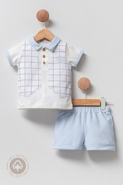Cassiope Baby Boy Three Teddy 2-Piece Set Plaid Pocket Detailed Polo Collar T-shirt and Shorts 3 Months-6 Months-9 Months