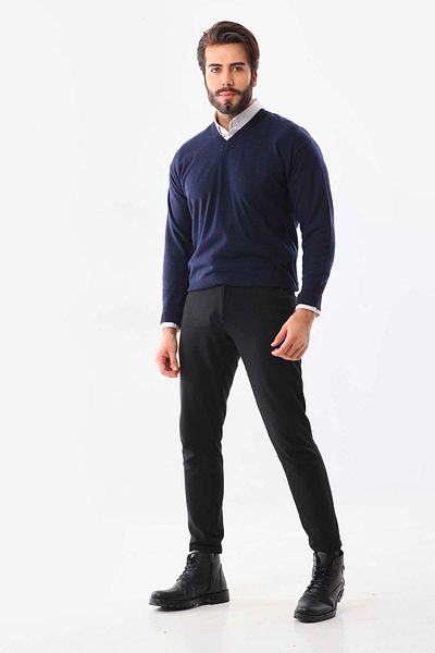 Günay Ανδρικό μάλλινο πουλόβερ με λαιμόκοψη V 7000 Navy Blue