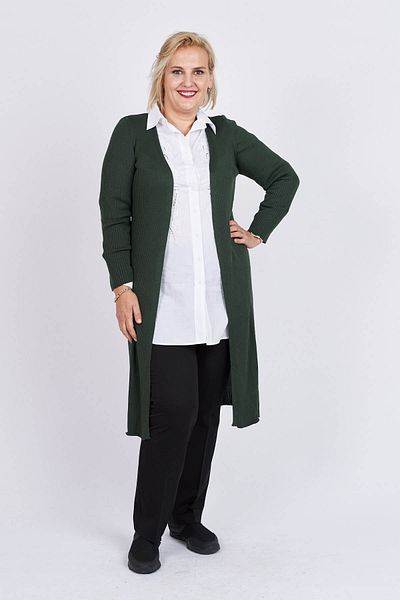 Büşra Triko Women's Green Open Front Slit Detailed Long Cardigan