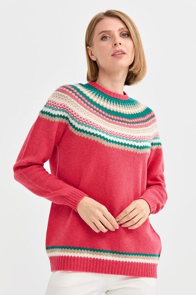 Desen Triko Women's Crew Neck Embroidered Patterned Wool Sweater 0242086 Pink