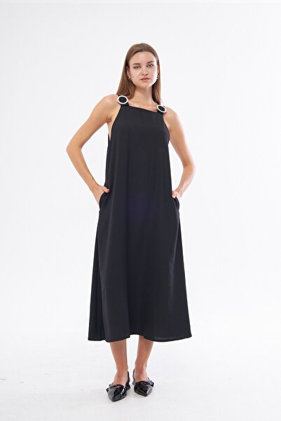The Champ Clothing Square Neck Black Woven Dress with Draped Shoulders and Draped Pockets