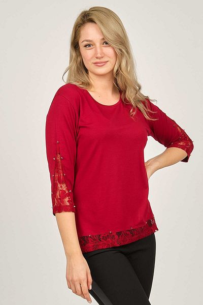 Sistas Bluză de damă cu dantelă pe mâneci și tiv 6690310 Roșu Claret