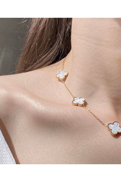 Inure Jewelry Matchless Beyaz Sedef Taşlı Yonca Model Kadın Çelik (KOLYE & BİLEKLİK & KÜPE) 3'lü Set