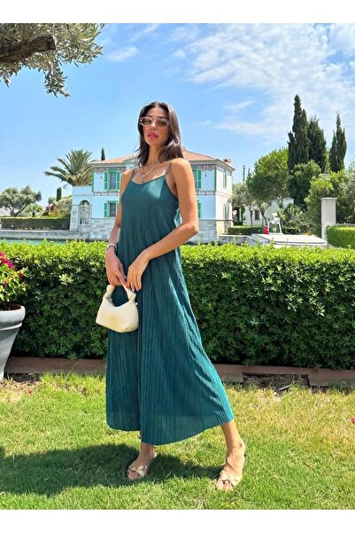 gül sezgin butik Hotfashion Women's Green Thin Strap Pleated Dress