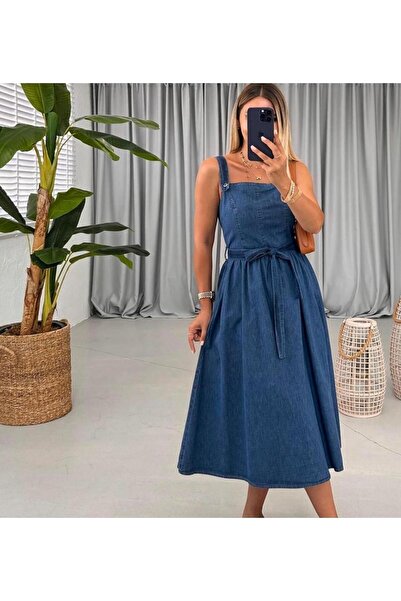 gül sezgin butik Denimare Kadın Askılı Etek Volanlı Kuşaklı Midi Boy Denim Elbise