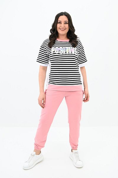 Koza Butik Γυναικείο Σετ Φούτερ με ρίγες Plus Size 8106-24