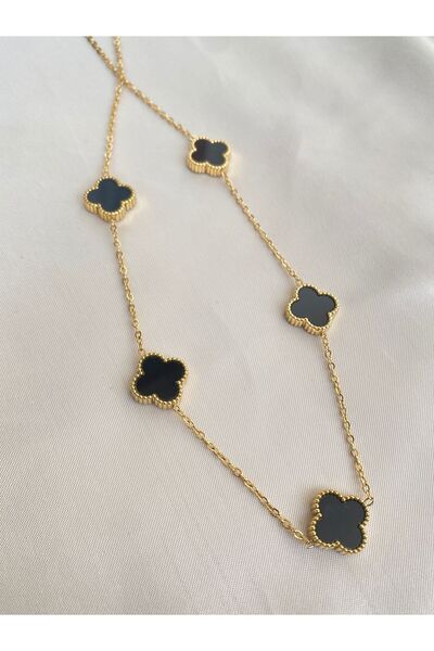 Inure Jewelry Black Clover Siyah Yonca Taşlı Gold Yonca Model Çelik (KOLYE & BİLEKLİK & KÜPE) 3'lü Set