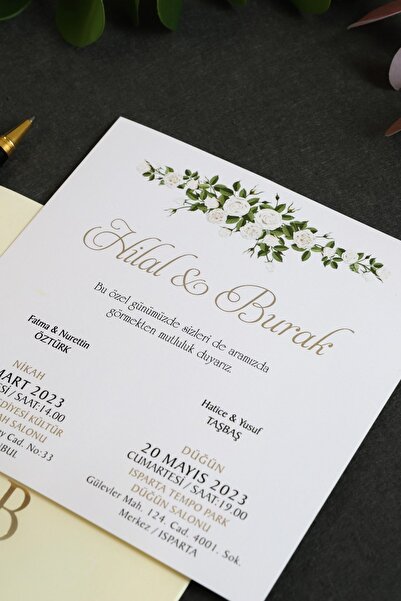 Pixel Davetiye 100 Adet Düğün Davetiye - Altın Yaldızlı Krem Renk - Düğün - Nişan - Kına Sünnet Davetiyesi-3117