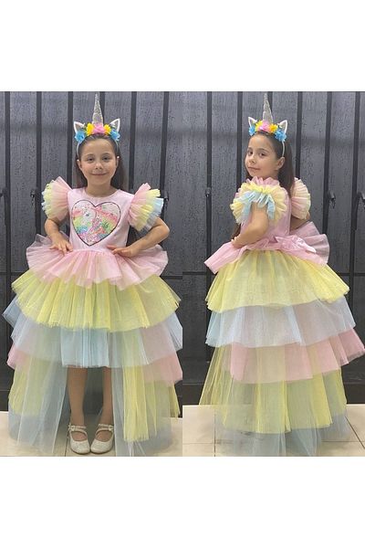 Sare Çocuk Giyim Rochie De Seara Fata Cu Motive Unicorn - Coroana Inclusa, Model Printesa, Rochie Tutu Unicorn