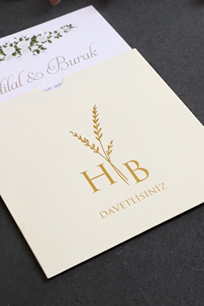 Pixel Davetiye 100 Adet Düğün Davetiye - Altın Yaldızlı Krem Renk - Düğün - Nişan - Kına Sünnet Davetiyesi-3117