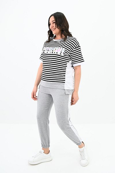 Koza Butik Γυναικείο Σετ Φούτερ με ρίγες Plus Size 8106-24