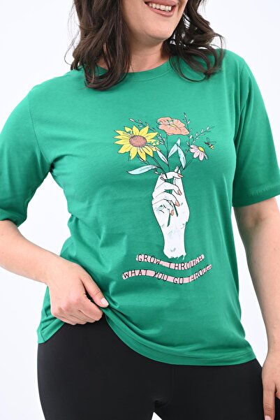 Koza Butik Large Size Floral Patterned T-Shirt - Hand Printed 1574-23