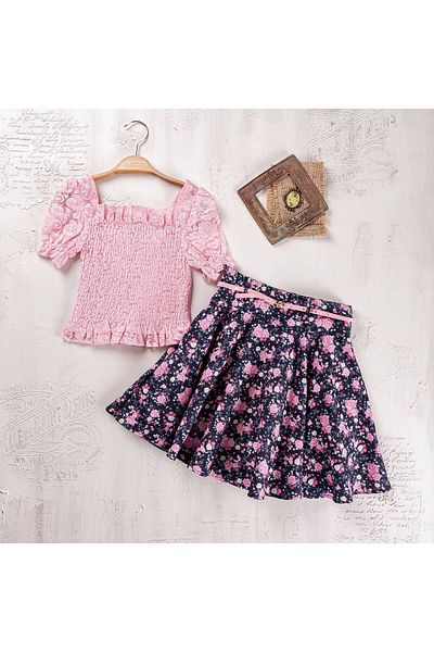 Elayza Belted Suit with Skirt and Blouse for Girls