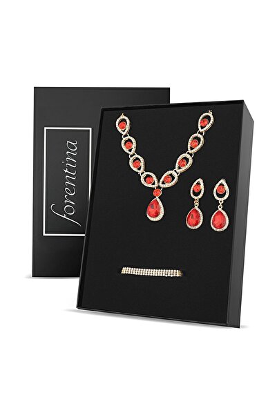 Forentina Sarı Renk Kırmızı Taşlı Kolye Küpe Bileklik Takı Seti - Ps279200tr