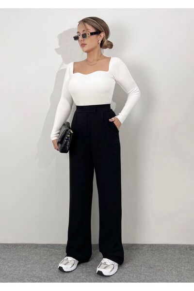 şifabutik بنطلون بالازو كريب ليكرا أسود بخصر فيلكرو للنساء