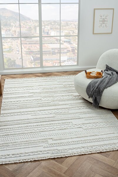 MOQA Avanos 1503 Beyaz Bukle Dokuma Halı Hav Toz Vermez Etnik Iskandinav Desenli Salon Mutfak Halısı