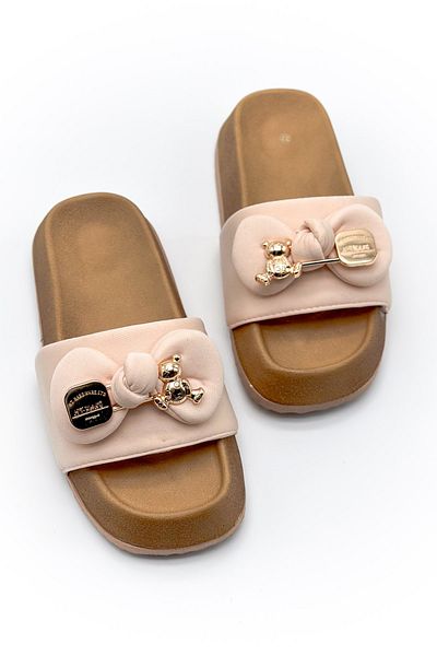 Shoebutik Beige Scuba Yumyum - Papuci cu cataramă cu ursuleț de pluș și talpă din plută