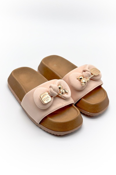Shoebutik Beige Scuba Yumyum - Teddy Bear Buckle and Cork Sole Slippers