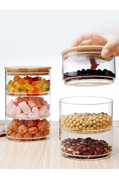 morponi 900 ml Borosilicate Glass Bamboo 3-Layer Cookie Holder - Storage Container