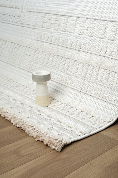 MOQA Avanos 1503 Beyaz Bukle Dokuma Halı Hav Toz Vermez Etnik Iskandinav Desenli Salon Mutfak Halısı