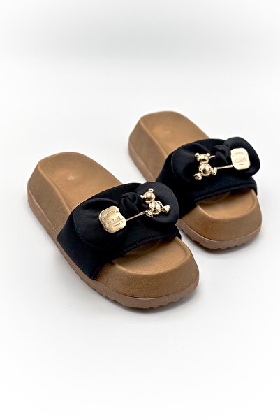 Shoebutik Black Squba Yumyum - Teddy Bear Buckle Cork Sole Slippers
