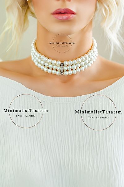 MinimalistTasarım Zircon Stone Pearl Choker Necklace, Choker Necklace, Rose Choker Necklace, Jewelled Choker Necklace