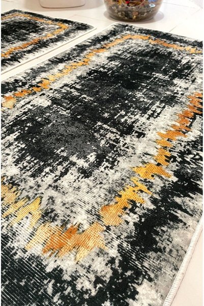 Hevia Home Non-Slip Base Washable 2 Pieces 60X100 - 50X60 Bathroom Rug Bath Mat Toilet Set Black