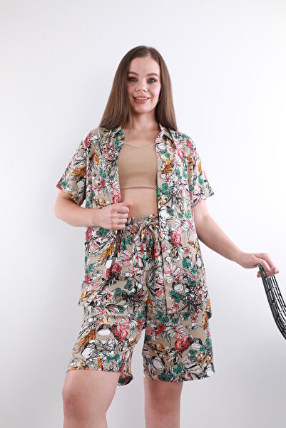 İMAJİNAL Σετ γυναικείες πιτζάμες με λουλούδια - 100% βισκόζη, κοντό μανίκι, σορτς με κουμπιά μπροστά