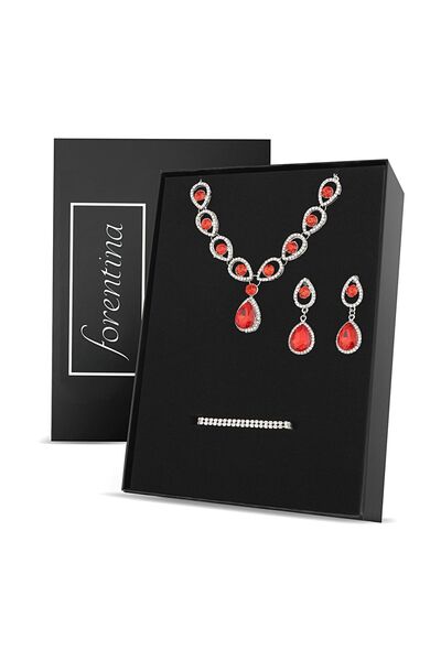 Forentina Gümüş Renk Kırmızı Taşlı Kolye Küpe Bileklik Takı Seti - Ps278800tr
